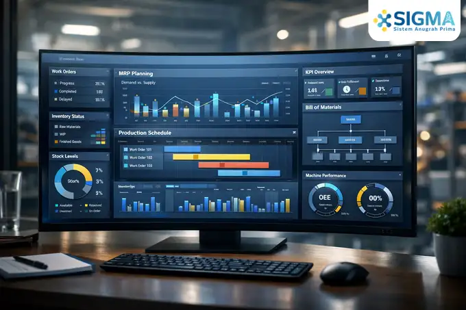 Dashboard MRP SAP Business One menampilkan rekomendasi otomatis pembelian bahan baku berdasarkan permintaan pasar dan stok gudang.