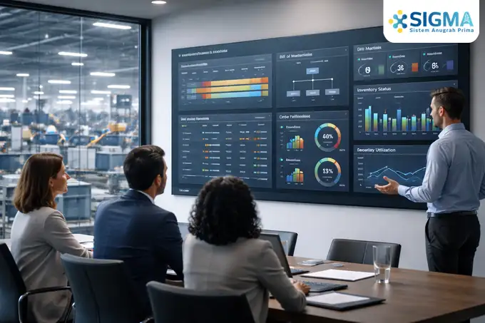 Integrasi sistem produksi ERP yang menghubungkan modul inventory, purchasing, dan finance untuk pelaporan biaya produksi real-time.