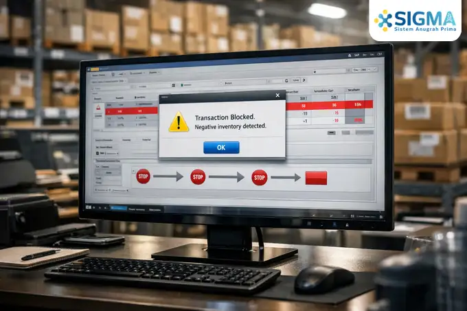 Notifikasi validasi sistem SAP Business One saat mendeteksi transaksi yang menyebabkan negative inventory atau stok minus