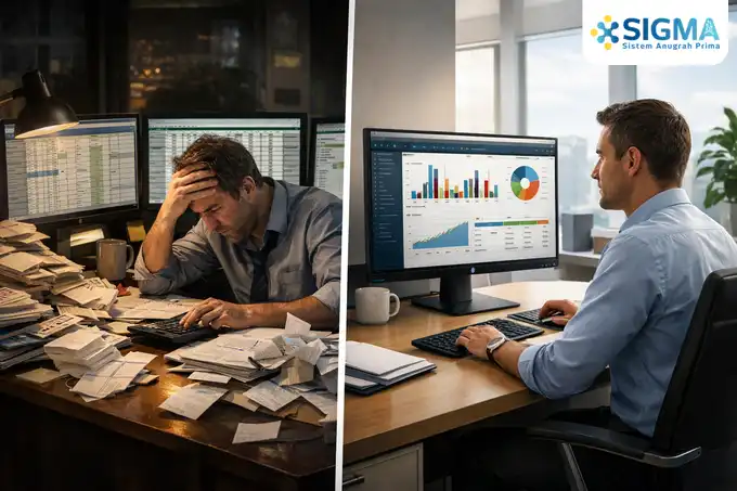 Visualisasi perbandingan kerumitan rekap cash flow manual di Excel vs otomatisasi laporan keuangan SAP Business One