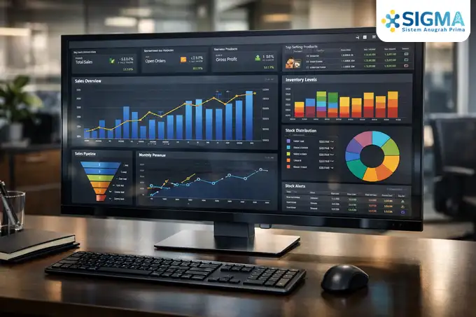 Tampilan dashboard SAP Business One untuk UKM di Indonesia yang menyajikan data laporan keuangan dan kontrol stok secara real-time