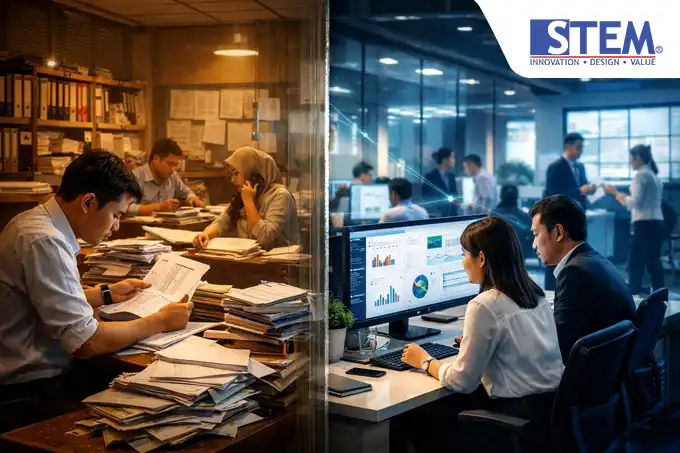 Comparison of manual data management vs modern ERP system in minimizing departmental silos and data redundancy