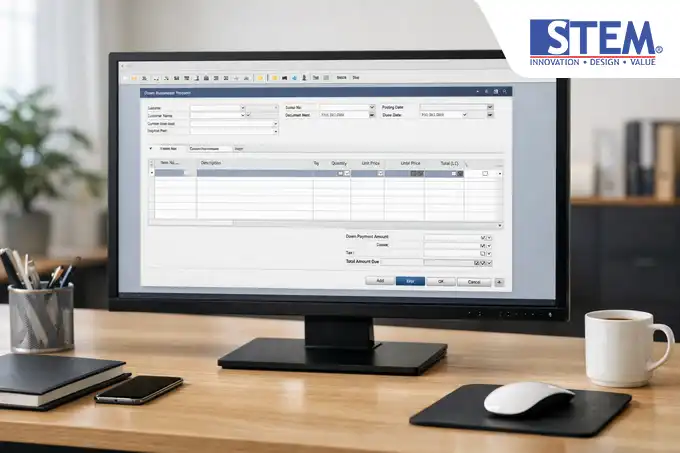 Down Payment Request document view in SAP Business One Sales AR module