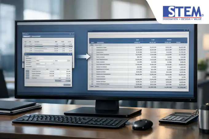 Tampilan opsi penambahan Journal Voucher pada laporan Trial Balance di SAP Business One