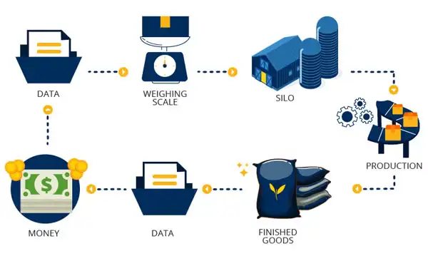 diagram sap business one commodity business : data - weighing scale - production - finish good - data - money