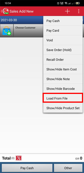 Choose Load From File to upload sales transaction in mobile cashier iREAP POS PRO